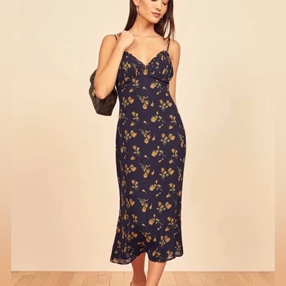 NWOT REFORMATION NAVY BLUE DRESS WITH YELLOW FLORAL DESIGN
